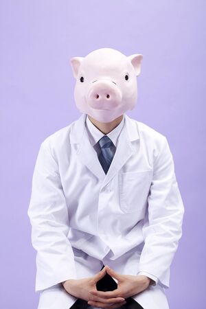 Dietitian wearing a pig maskの写真素材