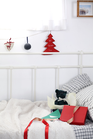 Bedroom decorated in Christmas themeの写真素材