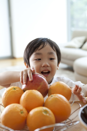 A Child Excited About Orangesの写真素材