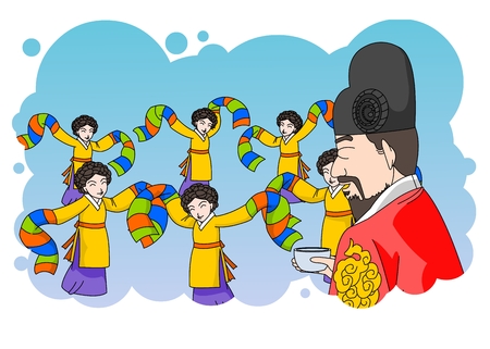 Old Korean King watching a dance performanceのイラスト素材