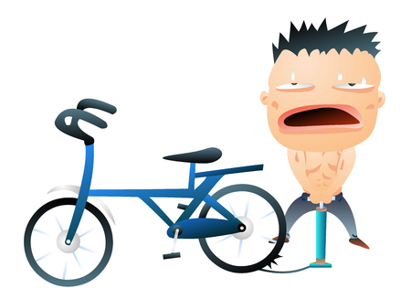 Man pumping air into his bicycle without his shirt onのイラスト素材