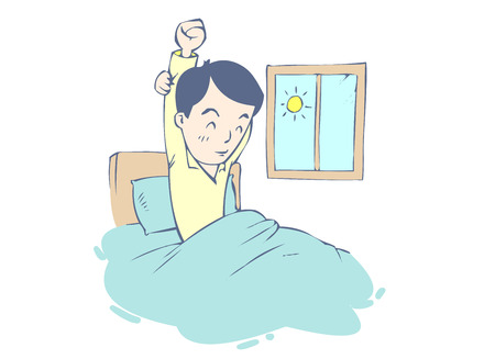 Young man stretching as he is getting up from bedのイラスト素材
