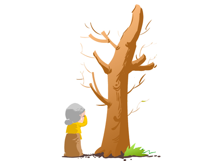 Old woman weeping by a treeのイラスト素材