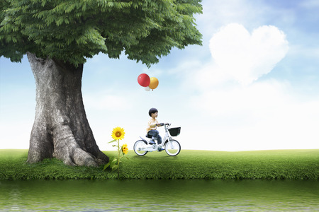 Asian boy riding a tricycleの写真素材