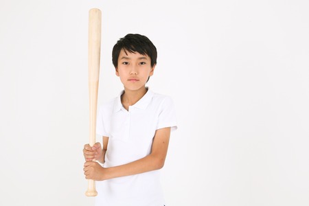 Asian boy and man playing baseball - isolated on whiteの写真素材