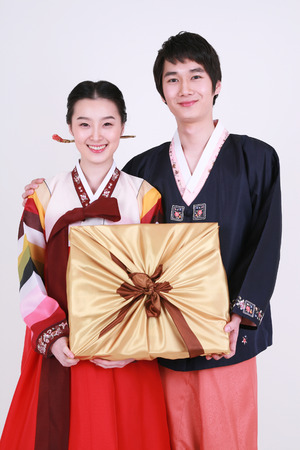 Korean family with traditional clothing - isolated on whiteの写真素材