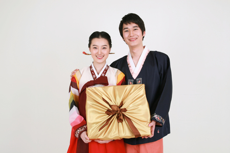 Korean family with traditional clothing - isolated on whiteの写真素材
