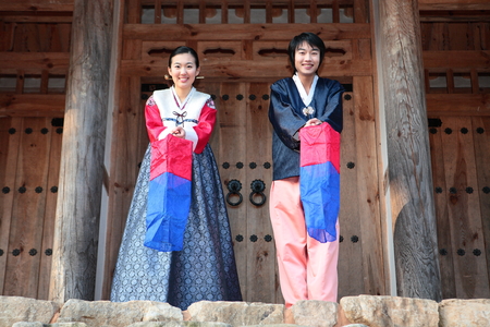 Newlyweds in Korean traditional clothes, Hanbok
