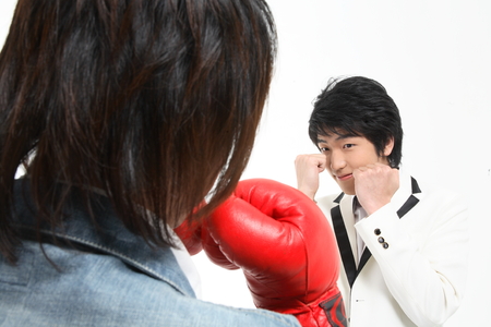 Boys in the studio,isolated on white.の写真素材