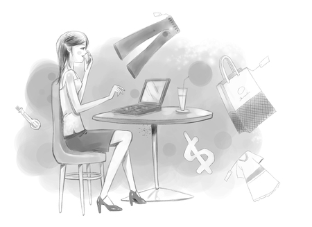 Vector illustration - Beautiful girl shopping online on a laptopのイラスト素材