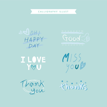 Calligraphy illustration - Oh! Happy day, Good, I love you, Miss you, Thank you, thanksのイラスト素材