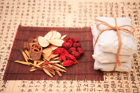 Packaged Korean Medicine and ingredientsの写真素材