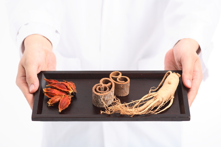 Hands holding a tray of ingredients of korean medicineの写真素材
