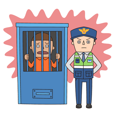 Crime illustration - Police officer and a criminal in the jail,behind barsのイラスト素材