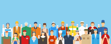 Election illustration - Different,various occupation,job groups of people holding voting paperのイラスト素材