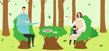 Eco-friendly illustration - Family having tea break,time,drinking tea in the forestのイラスト素材