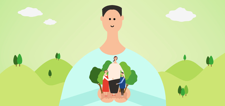 Eco-friendly illustration - Father carrying family and forests in his handsのイラスト素材