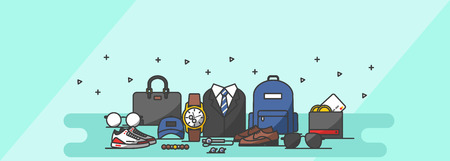 Cute icon set,ensemble illustration - Vacation shopping for men in blue tone, backgroundのイラスト素材