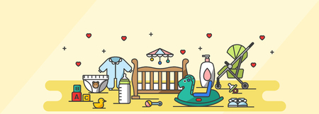 Cute icon set, ensemble illustration - New-born baby belongings in yellow tone backgroundのイラスト素材