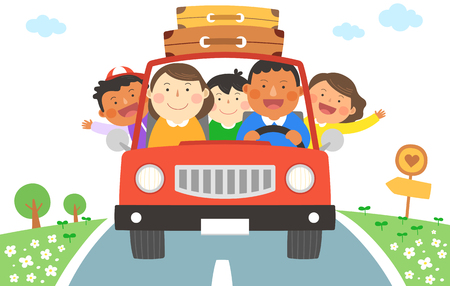 Interracial, intercultural family illustration - family car road tripのイラスト素材
