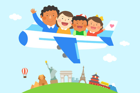 Interracial, intercultural family illustration - world travel, trip by airplaneのイラスト素材