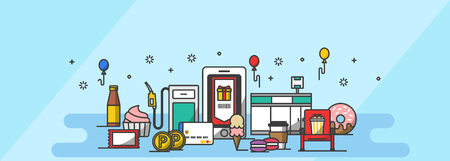 Cute icon set, ensemble illustration - Shopping points in blue tone, backgroundのイラスト素材