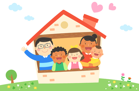 Interracial, intercultural family illustration - parents and children in homeのイラスト素材