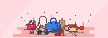 Cute icon set, ensemble illustration - Vacation shopping for women in pink tone backgroundのイラスト素材