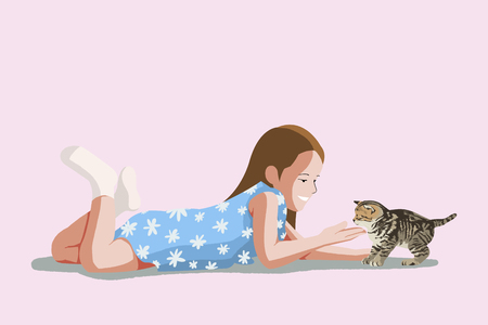 Cute illustration isolated - Baby,little kid and pet,cat,kittenのイラスト素材