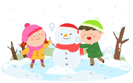 Winter vacation illustration - Make snowmanのイラスト素材