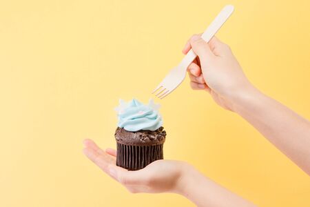 Sweet desserts - Isolated shot of a hand holding a piece of cupcake/muffinの写真素材