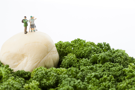 Creative miniature life - People climbing/hiking the rocky mountain in the forestsの写真素材