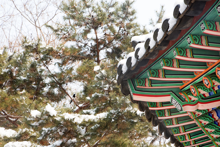 Traditional Korean pavilion in snowの写真素材