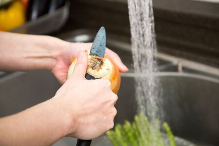 Isolated shot of cook's hands washing fresh ingredients - White onions