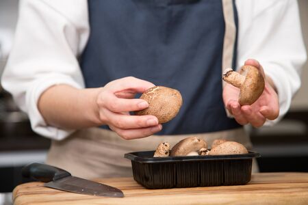 Isolated shot of cook's hands prepparing fresh ingredients - Mushroomsの写真素材
