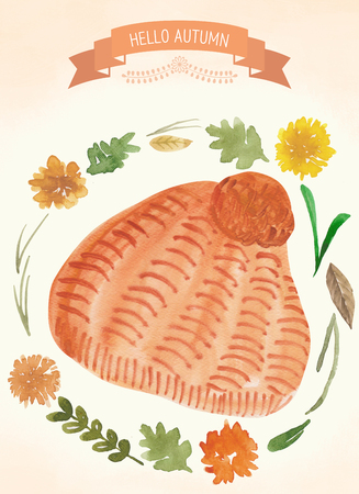 Autumn theme illustration - Knitted hat and flowersの写真素材