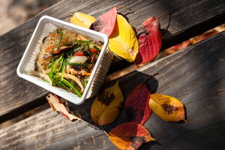 Korean dishes - Korean glass noodles mix with greens in box to goの写真素材