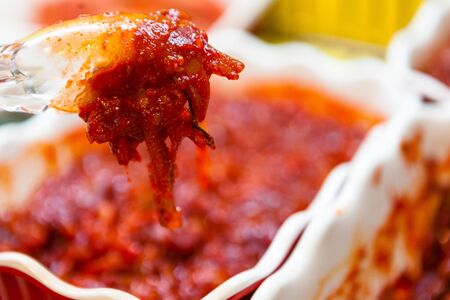 Korean side dishes - cooked greens in spicy red sauceの写真素材