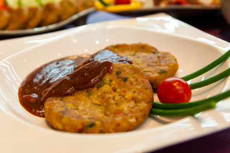 Korean dishes - pan fried patties of chopped meat and greensの写真素材