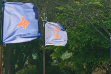 Close up shot of blue flags on spearsの写真素材