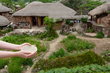 Korean folk village - A woman's hands holding a pottery bowl and cottage house backgroundの写真素材
