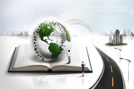 Computer graphic eco-friendly city illustration with real person figureの写真素材