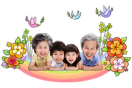 Grand parents and grand children lying on stomach together