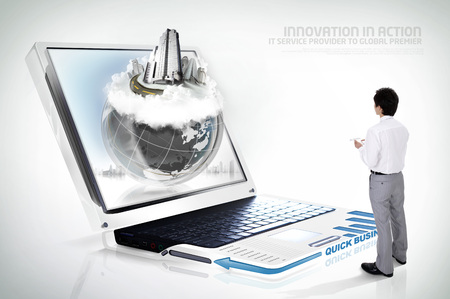 Computer graphic image of business people with city in laptop/computerの写真素材