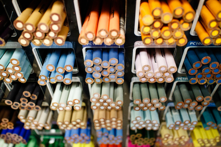 Displayed color pencils, pencils, pensの写真素材