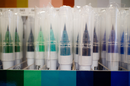 Displayed color pencils, pencils, pensの写真素材