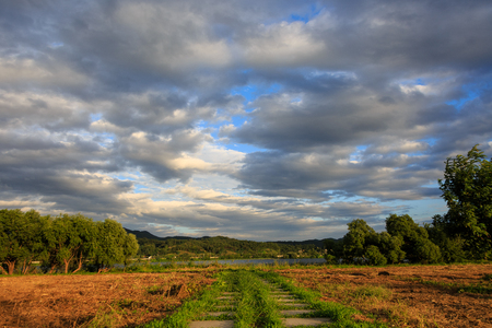 A scenery of a scenic view of lush field and dunes with river at sunsetの写真素材