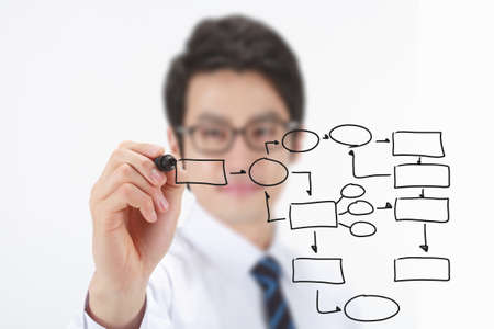 Asian businessman drawing mind map - isolated on whiteの写真素材