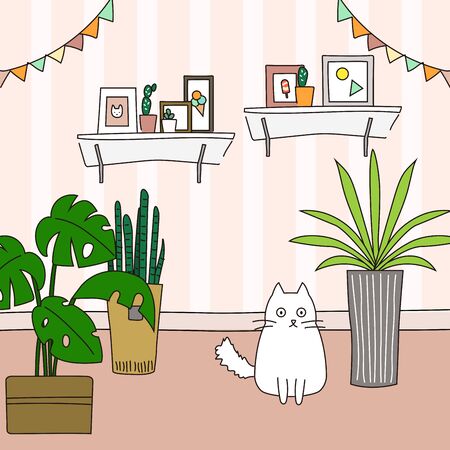 Cute white cat resting in the living room - vector illustrationのイラスト素材