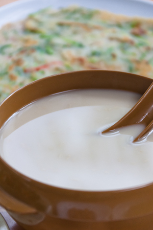 Korean food - Korean rice wine, Makgeoli and vegetable pancakeの写真素材